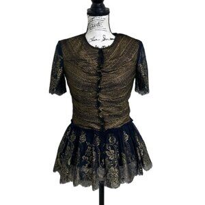 Marchesa Voyage Top Blouse Lace Short Sleeve Black Gold Whimsygoth Size 2 NEW